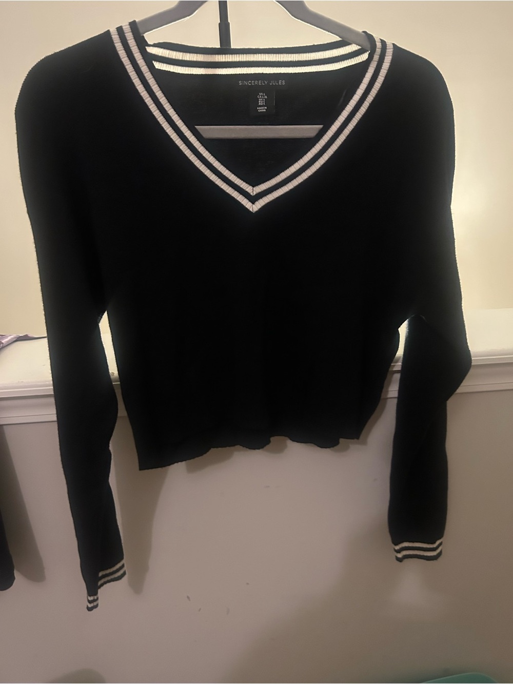 Sincerly Jules Black V-Neck Sweater with White Stripe Trim